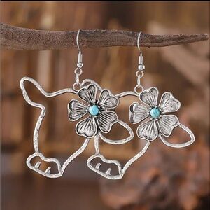 NEW Western Silver Floral Cow Earrings with Turquoise Stone Handmade